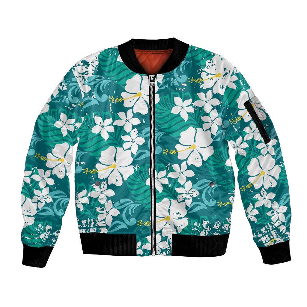 Teal Hawaiian Hibiscus Monstera Sleeve Zip Bomber Jacket Grunge Stylized LT01 Unisex Teal - Polynesian Pride