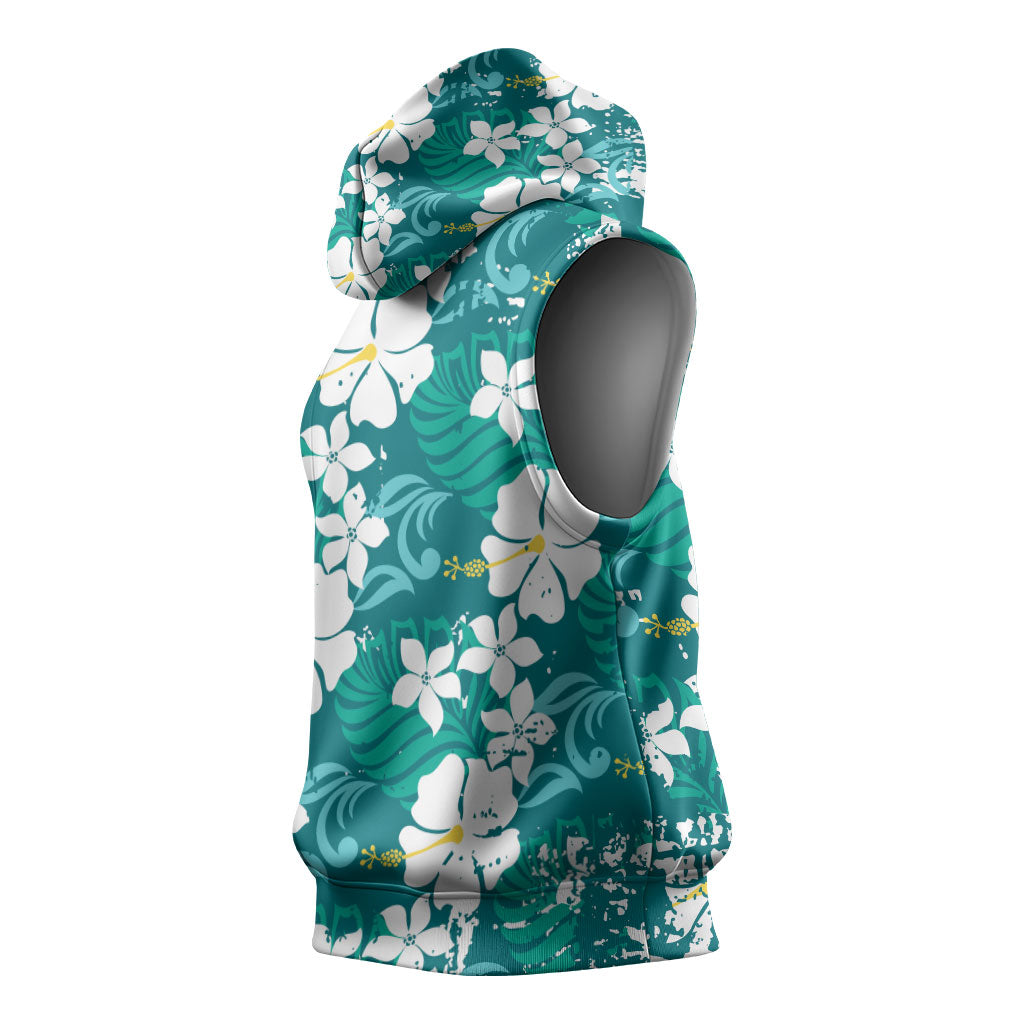 Teal Hawaiian Hibiscus Monstera Sleeveless Hoodie Grunge Stylized LT01 - Polynesian Pride