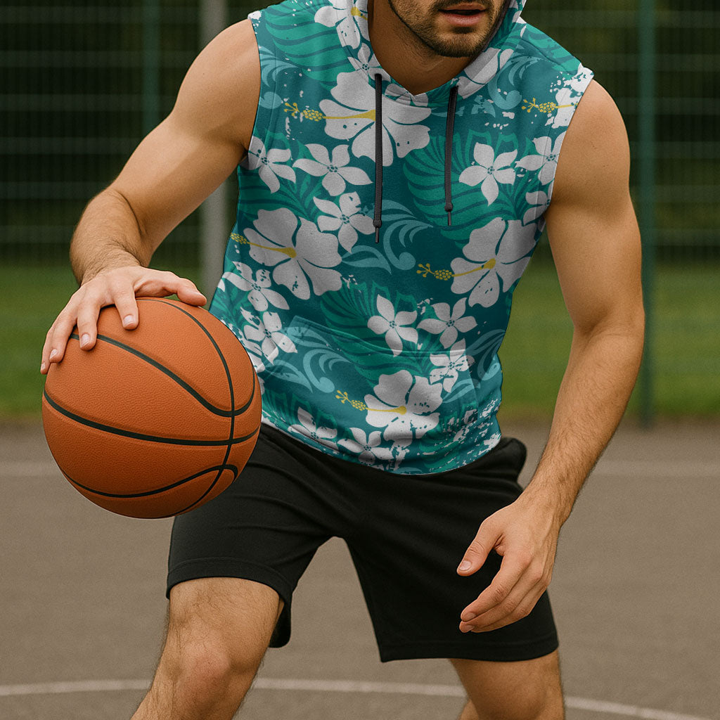 Teal Hawaiian Hibiscus Monstera Sleeveless Hoodie Grunge Stylized LT01 - Polynesian Pride