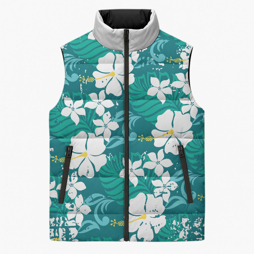 Teal Hawaiian Hibiscus Monstera Sleeveless Puffer Jacket Grunge Stylized LT01 Unisex Teal - Polynesian Pride