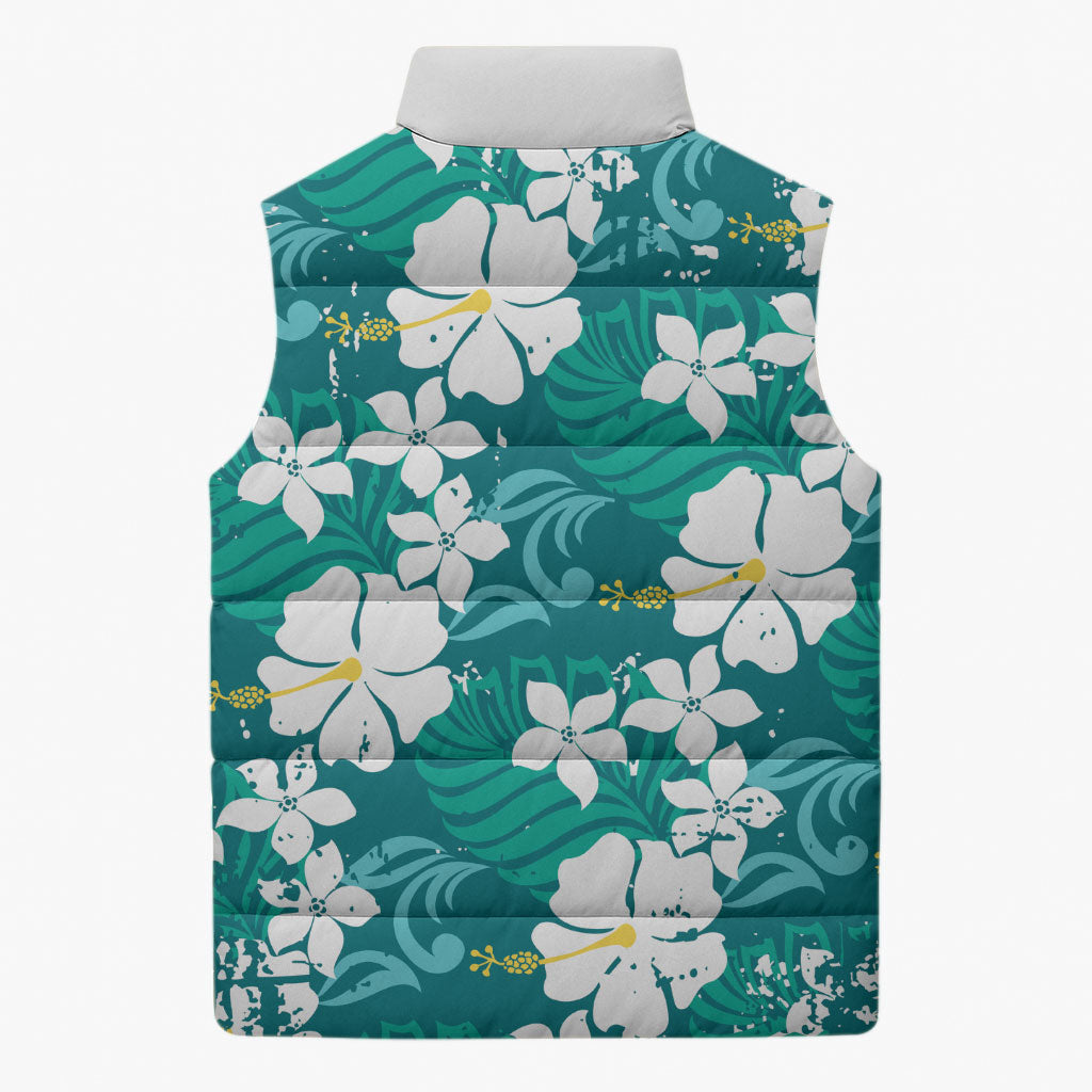 Teal Hawaiian Hibiscus Monstera Sleeveless Puffer Jacket Grunge Stylized LT01 - Polynesian Pride