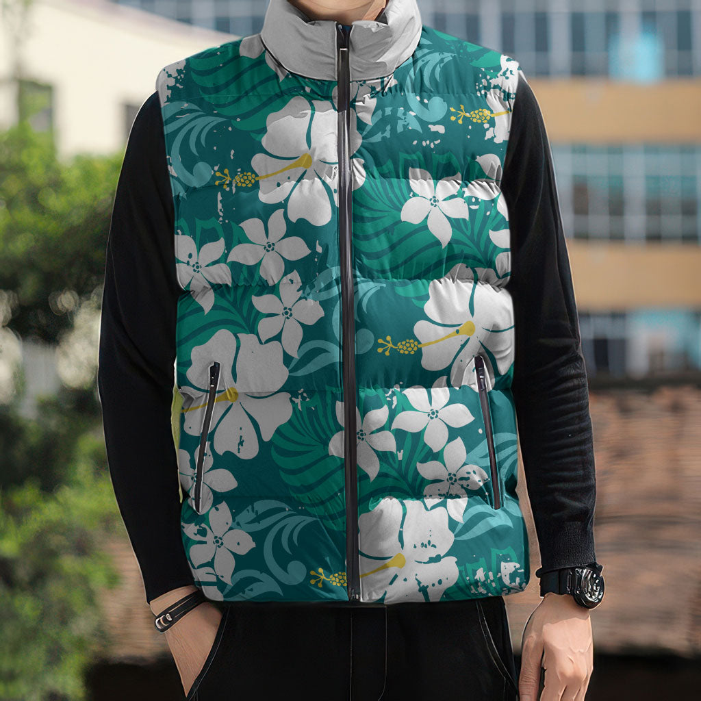 Teal Hawaiian Hibiscus Monstera Sleeveless Puffer Jacket Grunge Stylized LT01 - Polynesian Pride
