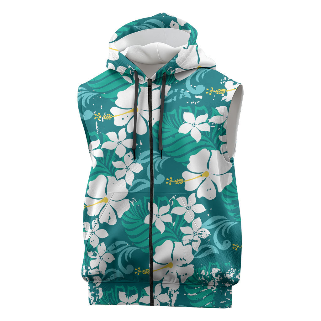 Teal Hawaiian Hibiscus Monstera Sleeveless Zip Hoodie Grunge Stylized LT01 Teal - Polynesian Pride