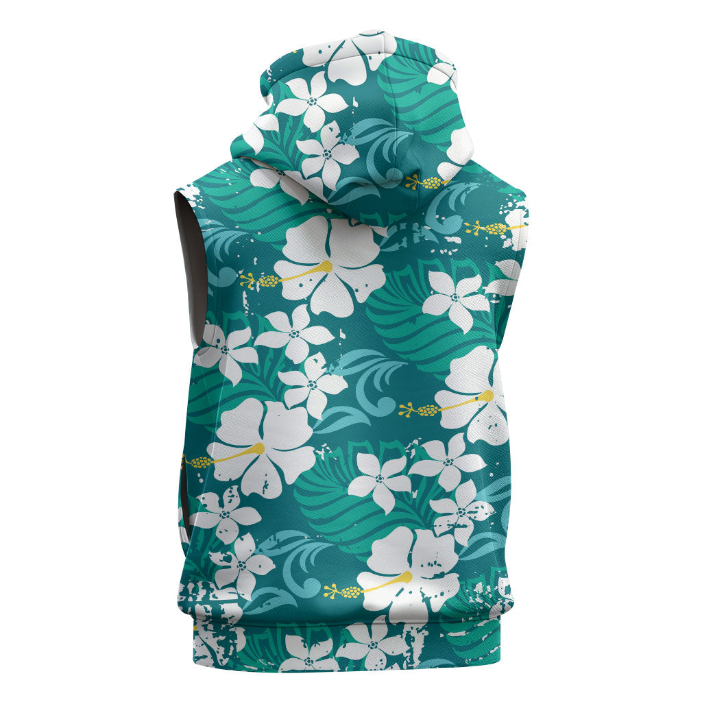 Teal Hawaiian Hibiscus Monstera Sleeveless Zip Hoodie Grunge Stylized LT01 - Polynesian Pride