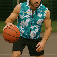 Teal Hawaiian Hibiscus Monstera Sleeveless Zip Hoodie Grunge Stylized LT01 - Polynesian Pride