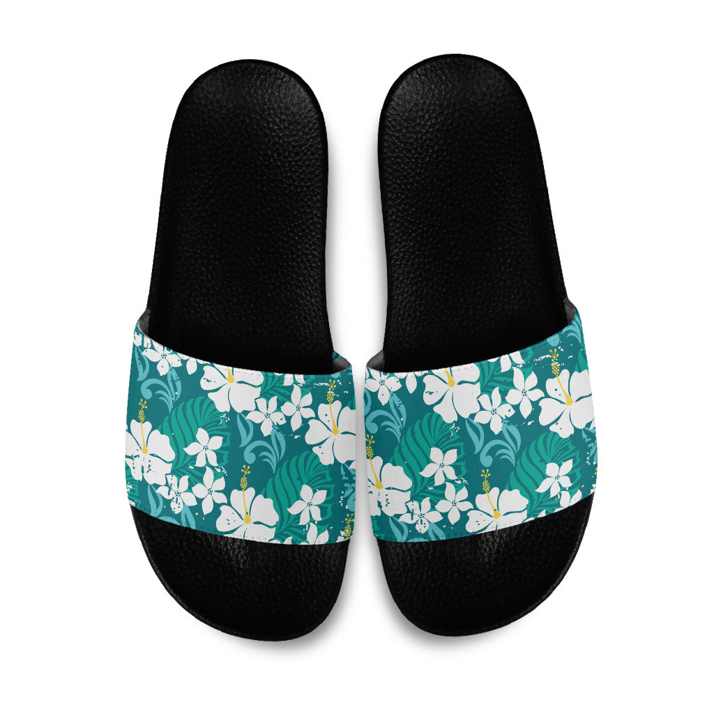 Teal Hawaiian Hibiscus Monstera Slide Sandals Grunge Stylized LT01 Teal - Polynesian Pride