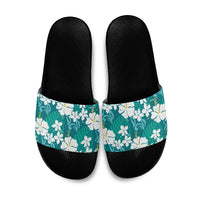 Teal Hawaiian Hibiscus Monstera Slide Sandals Grunge Stylized LT01 Teal - Polynesian Pride