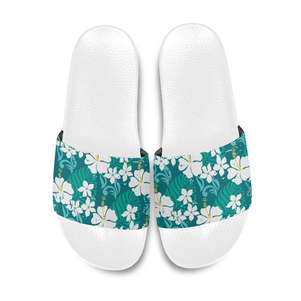 Teal Hawaiian Hibiscus Monstera Slide Sandals Grunge Stylized LT01 Teal - Polynesian Pride