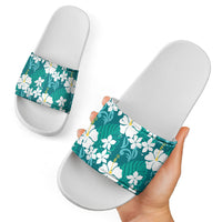 Teal Hawaiian Hibiscus Monstera Slide Sandals Grunge Stylized LT01 - Polynesian Pride