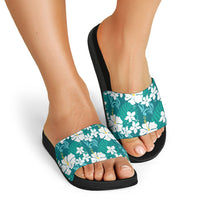 Teal Hawaiian Hibiscus Monstera Slide Sandals Grunge Stylized LT01 - Polynesian Pride