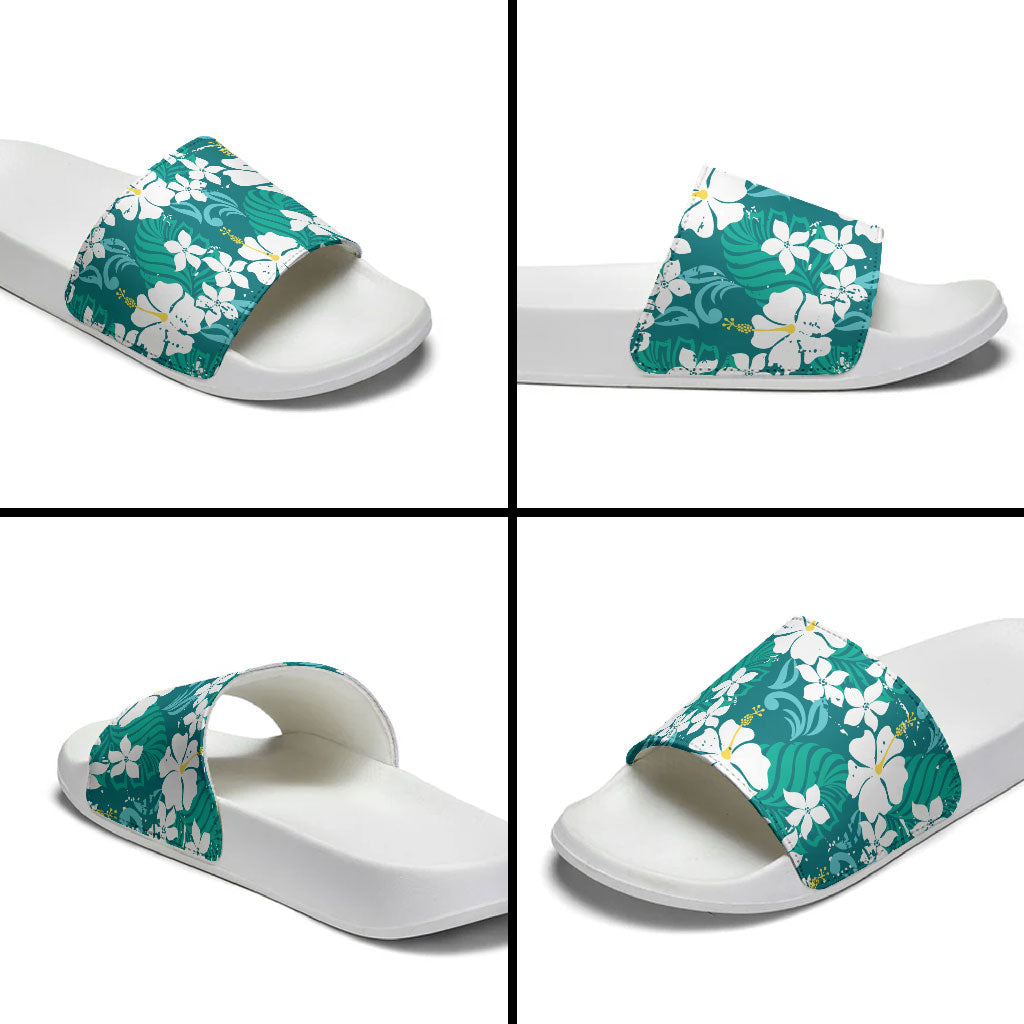 Teal Hawaiian Hibiscus Monstera Slide Sandals Grunge Stylized LT01 - Polynesian Pride
