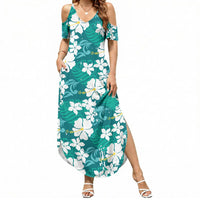 Teal Hawaiian Hibiscus Monstera Summer Maxi Dress Grunge Stylized