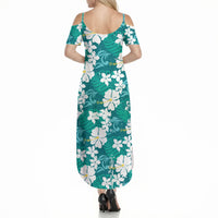 Teal Hawaiian Hibiscus Monstera Summer Maxi Dress Grunge Stylized