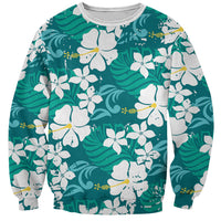 Teal Hawaiian Hibiscus Monstera Sweatshirt Grunge Stylized