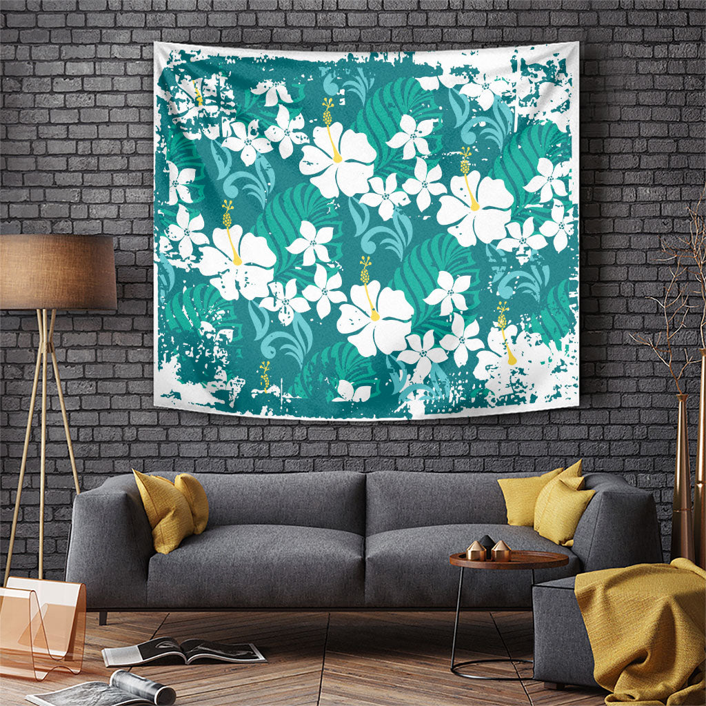 Teal Hawaiian Hibiscus Monstera Tapestry Grunge Stylized LT01 Teal - Polynesian Pride