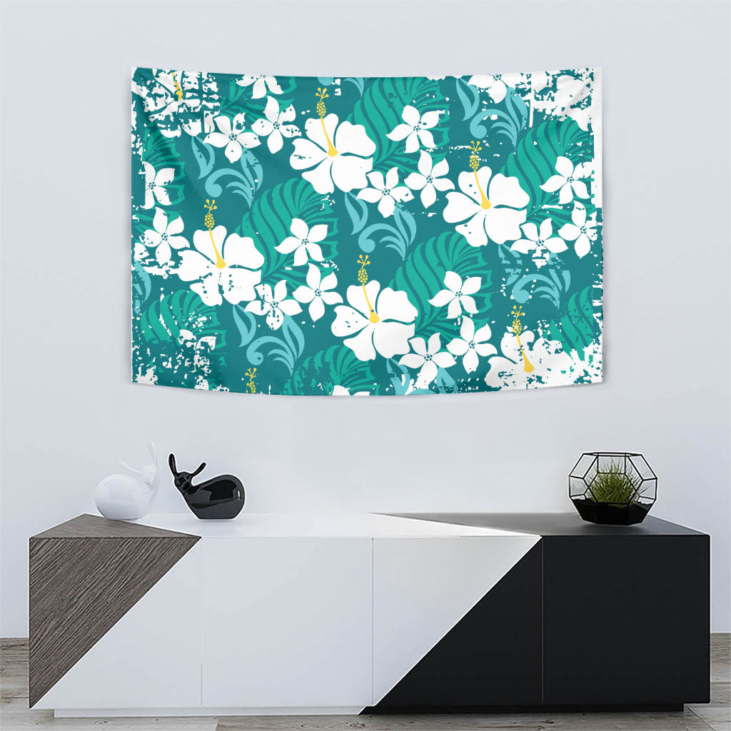 Teal Hawaiian Hibiscus Monstera Tapestry Grunge Stylized LT01 - Polynesian Pride