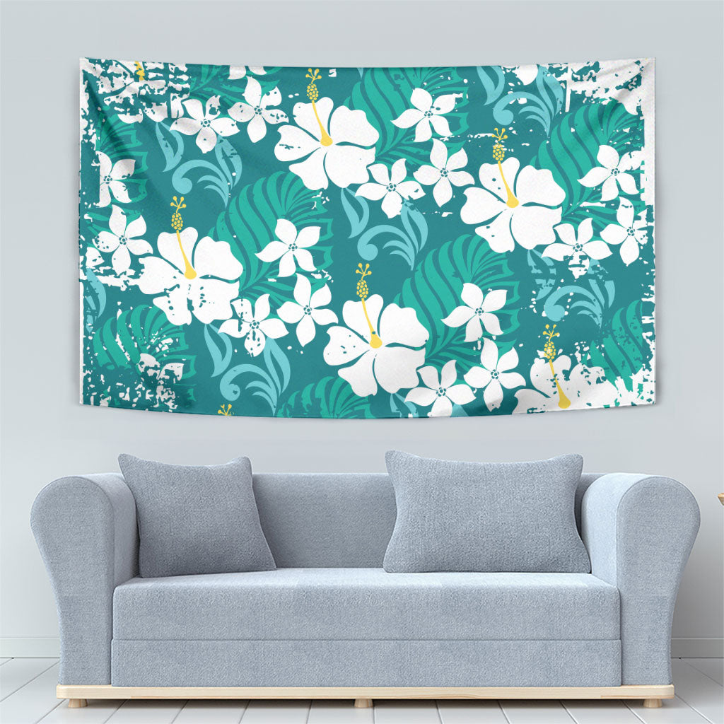 Teal Hawaiian Hibiscus Monstera Tapestry Grunge Stylized LT01 - Polynesian Pride