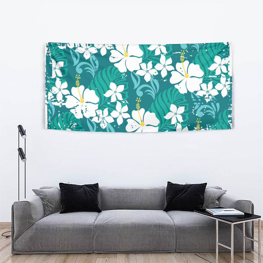 Teal Hawaiian Hibiscus Monstera Tapestry Grunge Stylized LT01 - Polynesian Pride