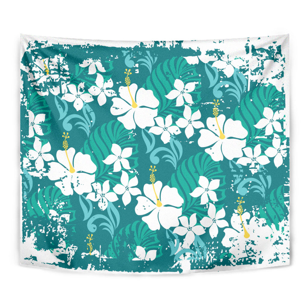 Teal Hawaiian Hibiscus Monstera Tapestry Grunge Stylized LT01 - Polynesian Pride