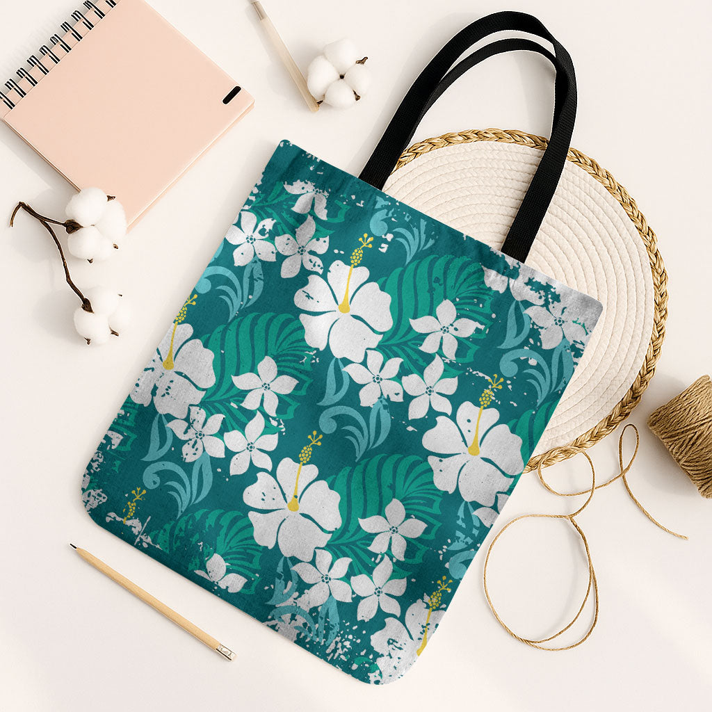 Teal Hawaiian Hibiscus Monstera Tote Bag Grunge Stylized