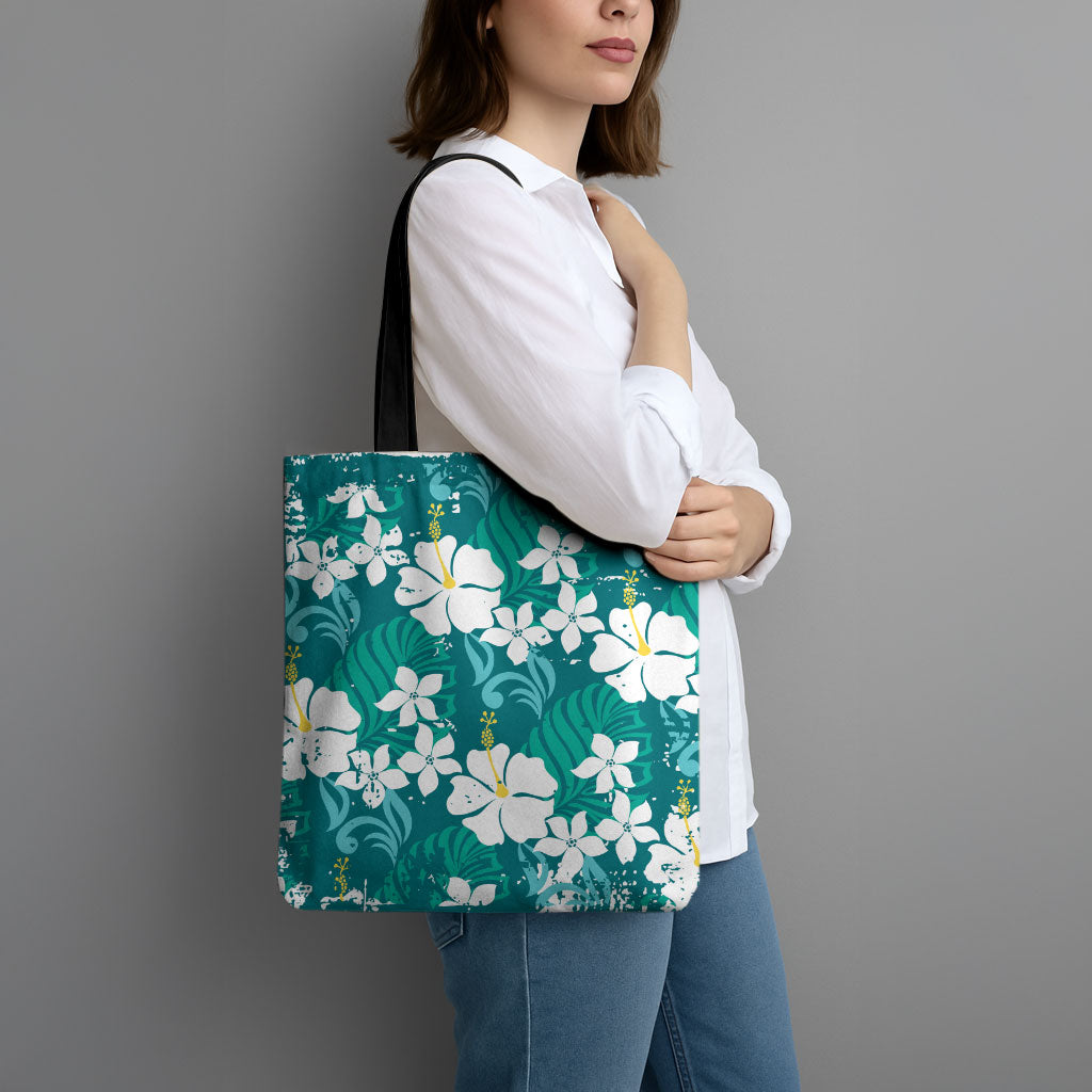 Teal Hawaiian Hibiscus Monstera Tote Bag Grunge Stylized
