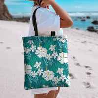 Teal Hawaiian Hibiscus Monstera Tote Bag Grunge Stylized