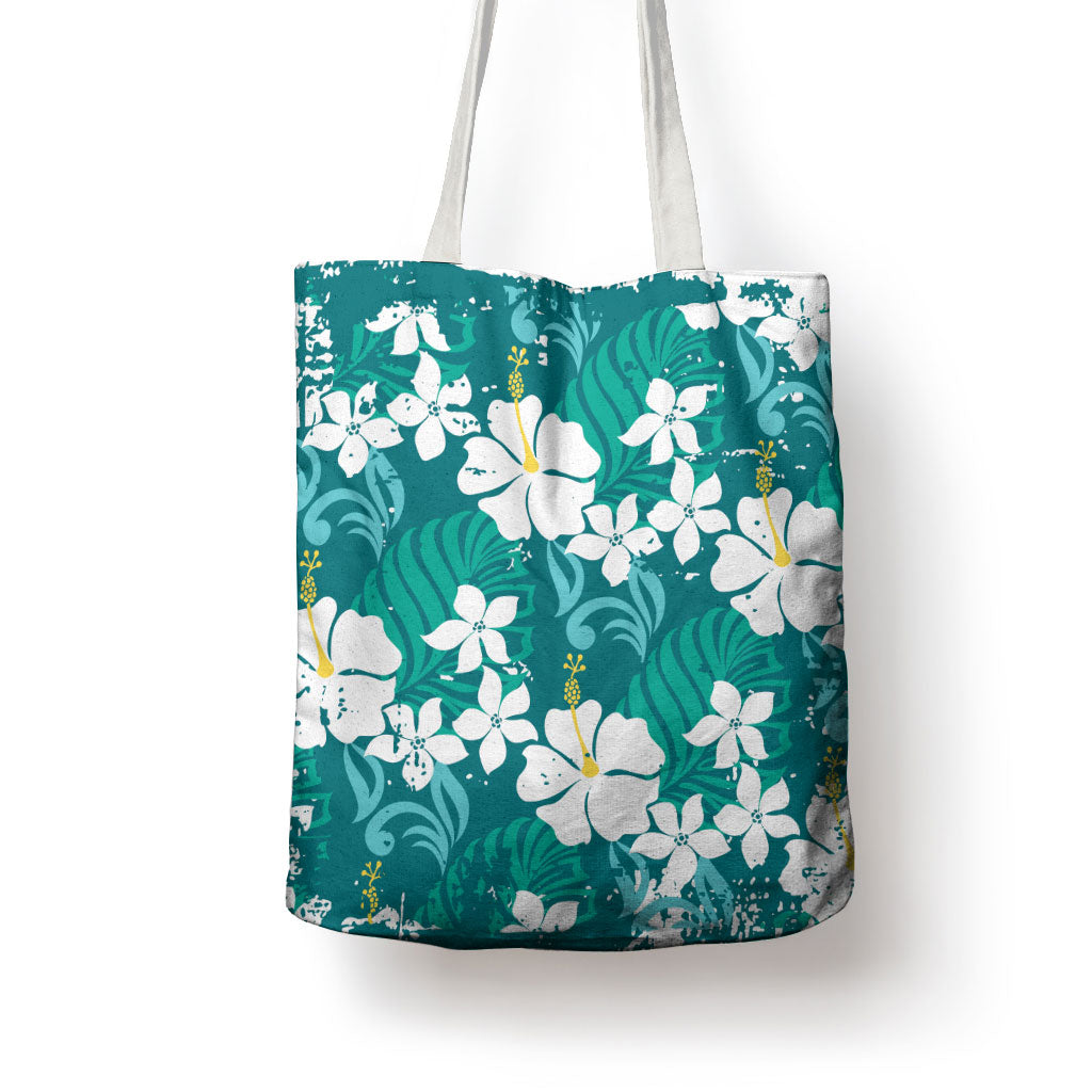 Teal Hawaiian Hibiscus Monstera Tote Bag Grunge Stylized