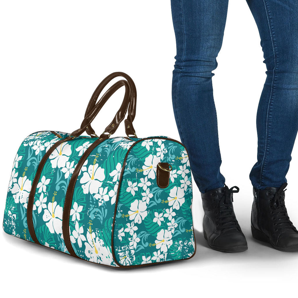 Teal Hawaiian Hibiscus Monstera Travel Bag Grunge Stylized