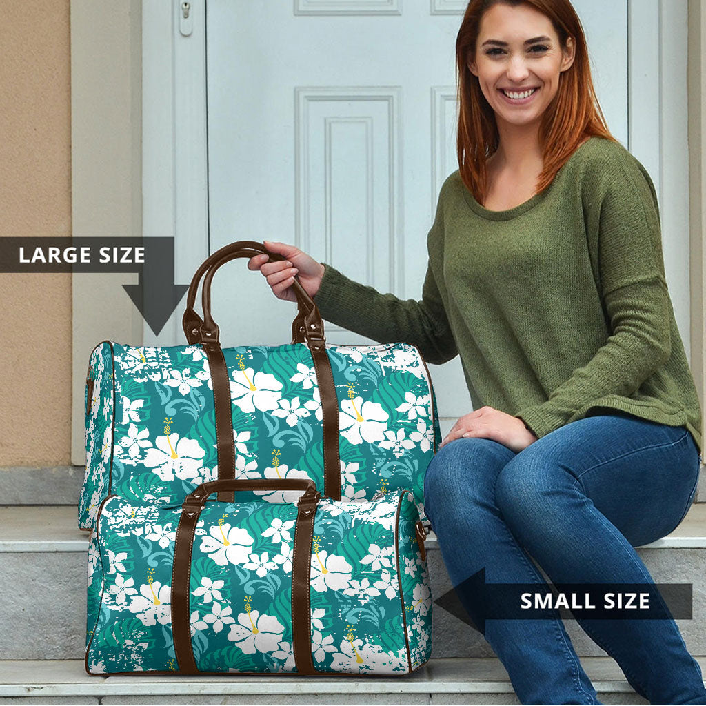 Teal Hawaiian Hibiscus Monstera Travel Bag Grunge Stylized