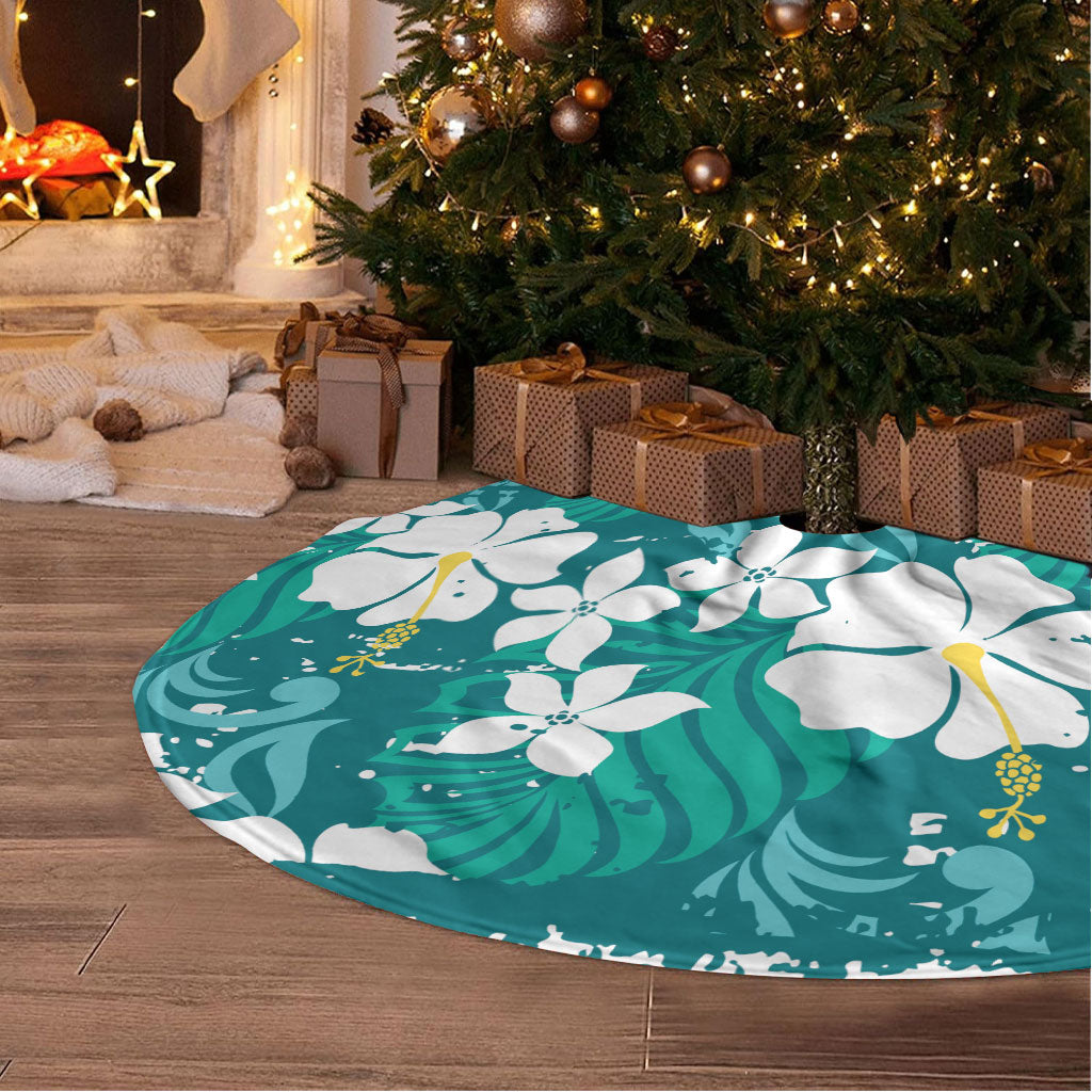 Teal Hawaiian Hibiscus Monstera Tree Skirt Grunge Stylized