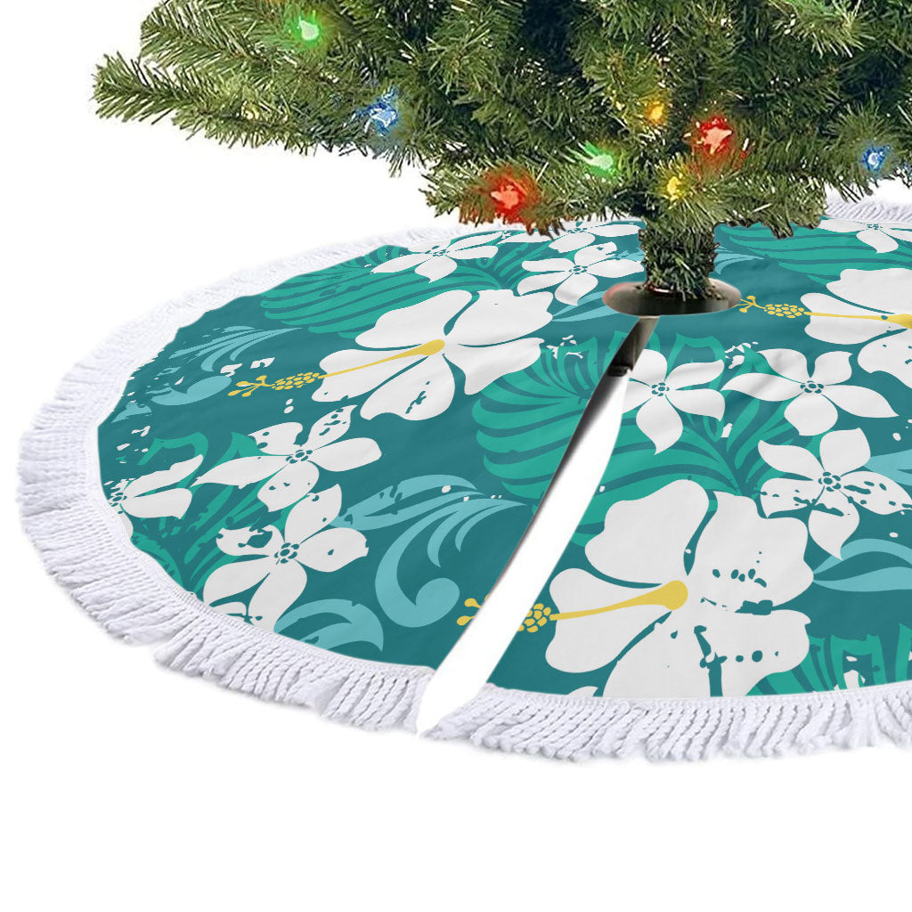 Teal Hawaiian Hibiscus Monstera Tree Skirt Grunge Stylized