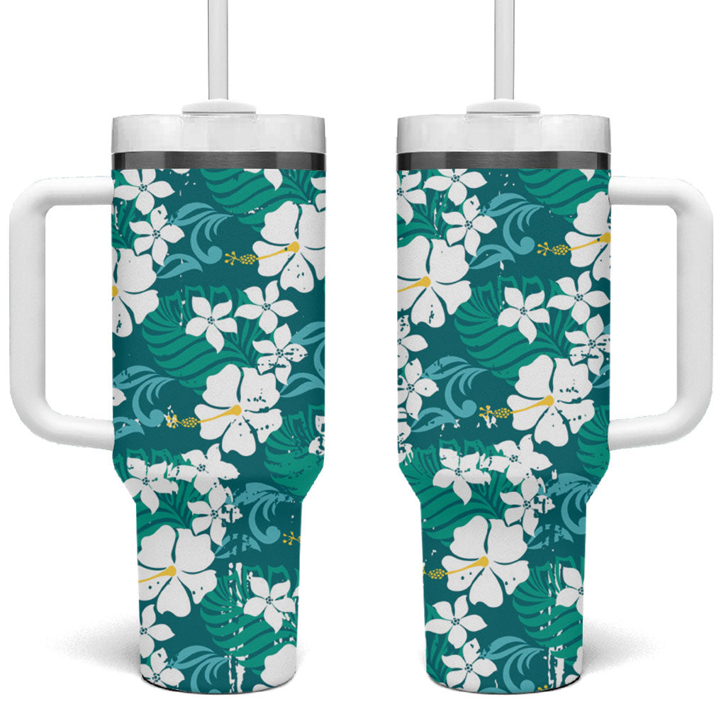 Teal Hawaiian Hibiscus Monstera Tumbler With Handle Grunge Stylized