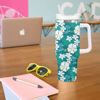 Teal Hawaiian Hibiscus Monstera Tumbler With Handle Grunge Stylized