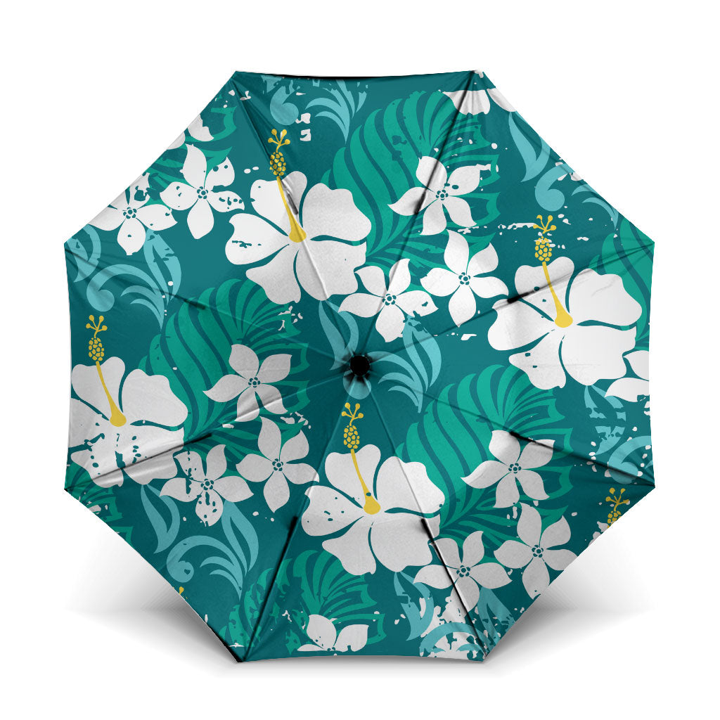 Teal Hawaiian Hibiscus Monstera Umbrella Grunge Stylized LT01 One Size Folded 11.42 inch Opened Diameter 37.4 inch Teal - Polynesian Pride