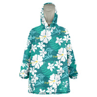 Teal Hawaiian Hibiscus Monstera Wearable Blanket Hoodie Grunge Stylized LT01 One Size Teal - Polynesian Pride