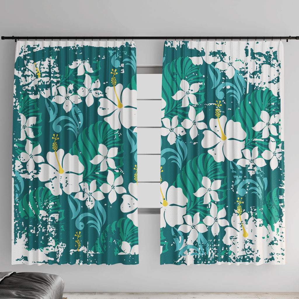 Teal Hawaiian Hibiscus Monstera Window Curtain Grunge Stylized