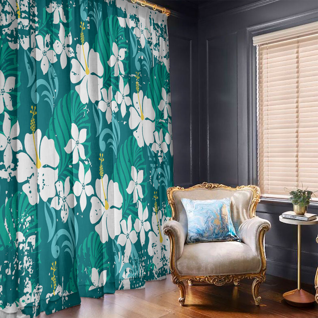 Teal Hawaiian Hibiscus Monstera Window Curtain Grunge Stylized