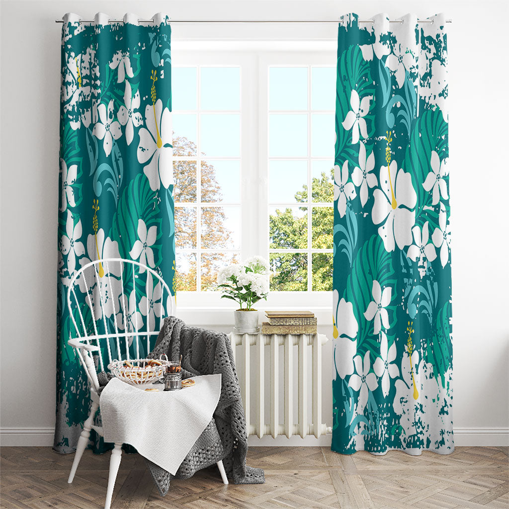 Teal Hawaiian Hibiscus Monstera Window Curtain Grunge Stylized