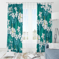 Teal Hawaiian Hibiscus Monstera Window Curtain Grunge Stylized