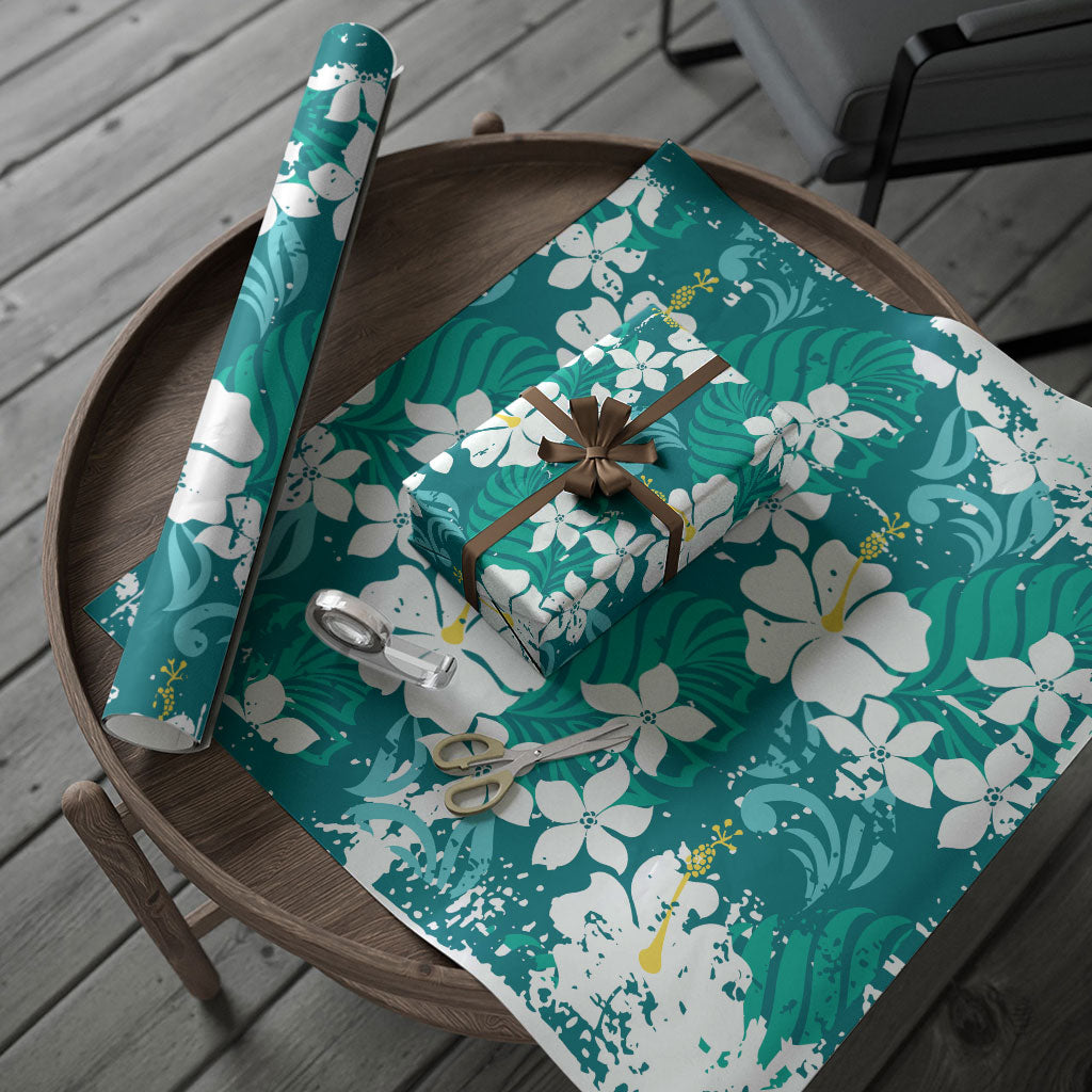 Teal Hawaiian Hibiscus Monstera Wrapping Paper Grunge Stylized
