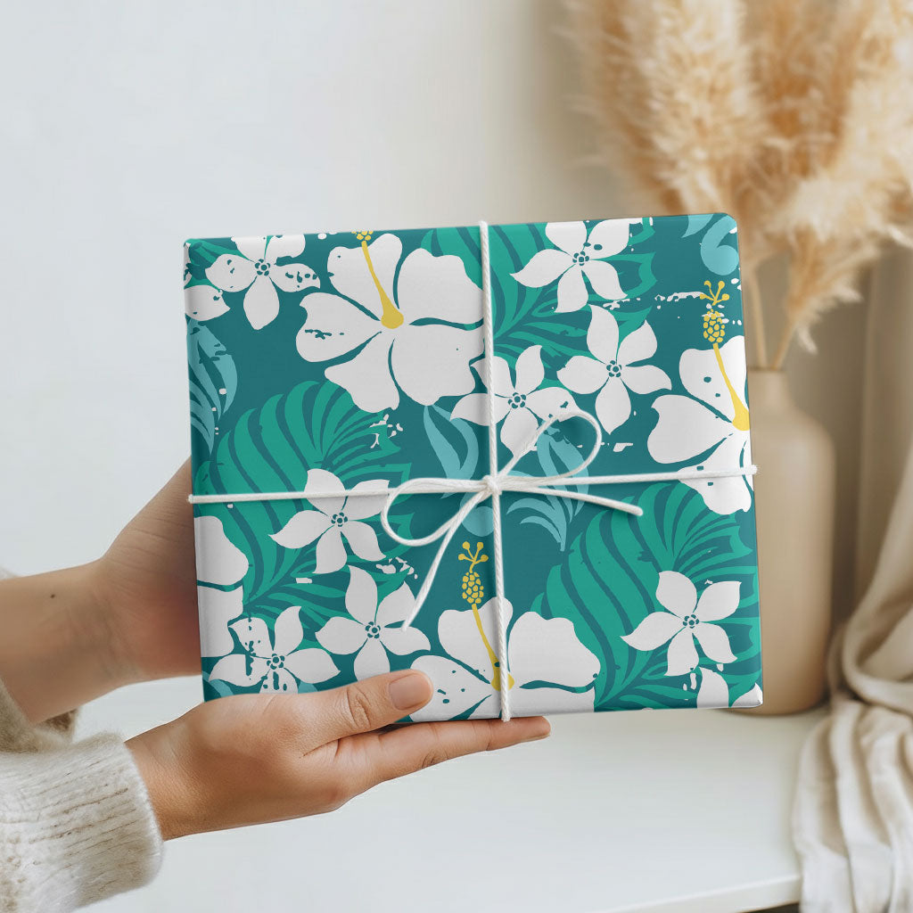 Teal Hawaiian Hibiscus Monstera Wrapping Paper Grunge Stylized