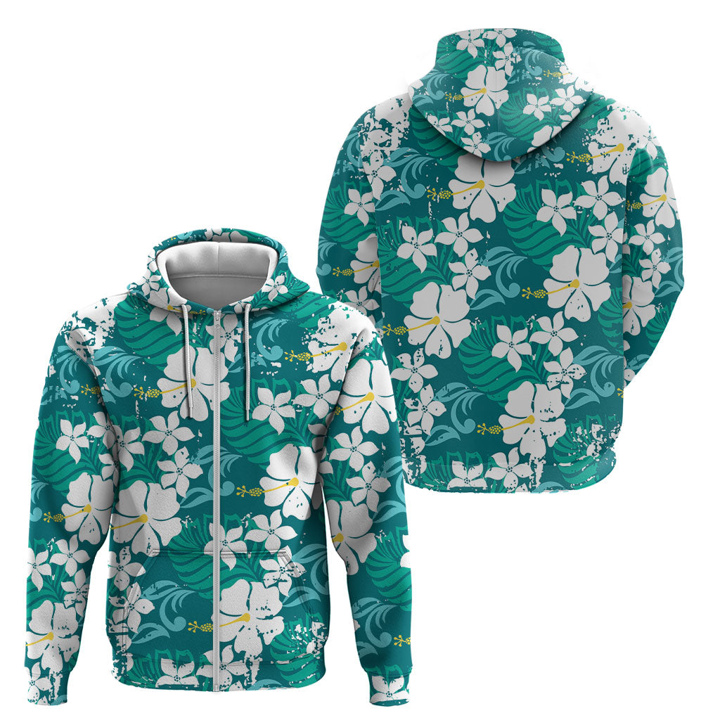 Teal Hawaiian Hibiscus Monstera Zip Hoodie Grunge Stylized LT01 - Polynesian Pride