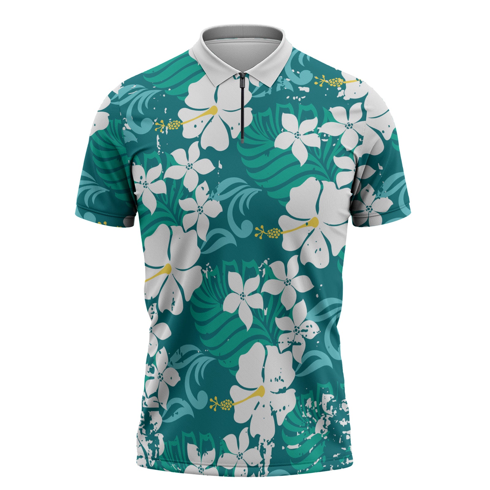 Teal Hawaiian Hibiscus Monstera Zipper Polo Shirt Grunge Stylized LT01 Teal - Polynesian Pride