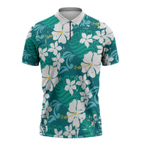 Teal Hawaiian Hibiscus Monstera Zipper Polo Shirt Grunge Stylized
