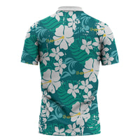Teal Hawaiian Hibiscus Monstera Zipper Polo Shirt Grunge Stylized