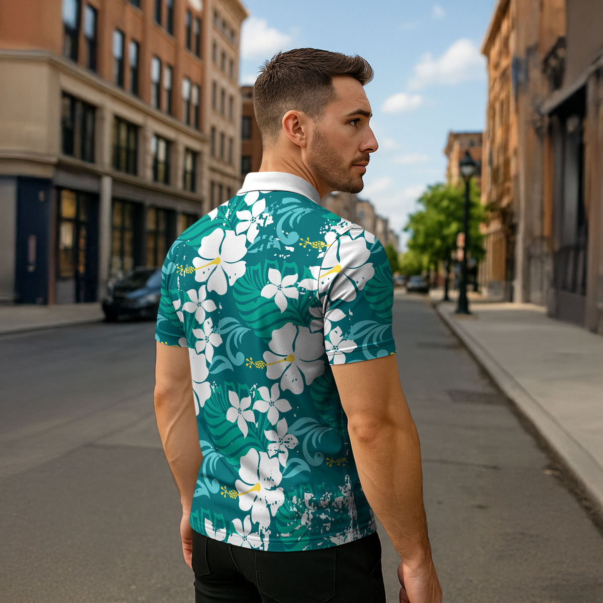 Teal Hawaiian Hibiscus Monstera Zipper Polo Shirt Grunge Stylized