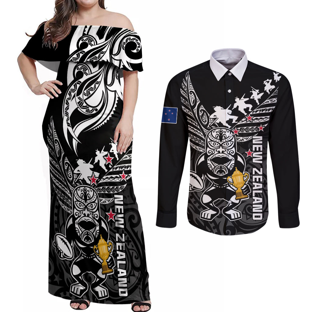 Custom New Zealand Silver Fern Rugby Couples Matching Off Shoulder Maxi Dress and Long Sleeve Button Shirt Aotearoa Champion 2023 World Cup LT01 Black - Polynesian Pride