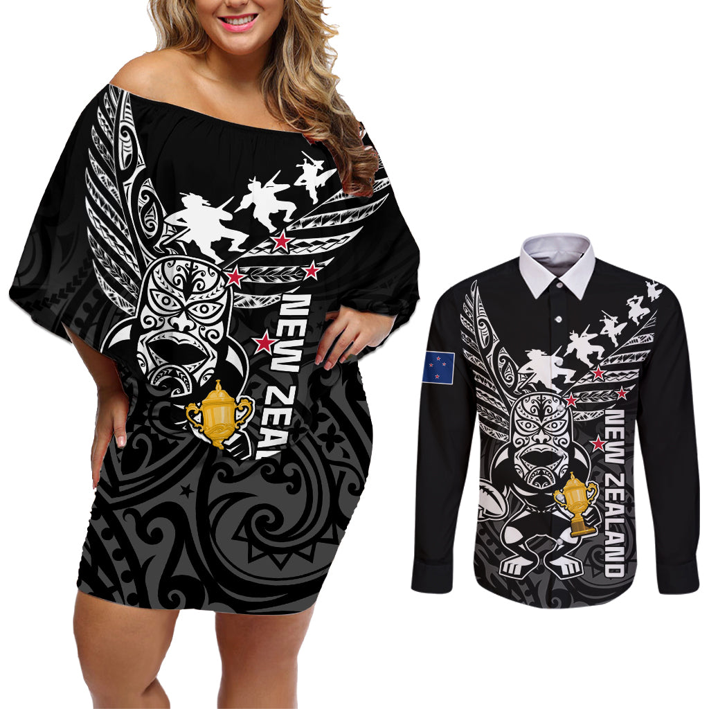 Custom New Zealand Silver Fern Rugby Couples Matching Off Shoulder Short Dress and Long Sleeve Button Shirt Aotearoa Champion 2023 World Cup LT01 Black - Polynesian Pride