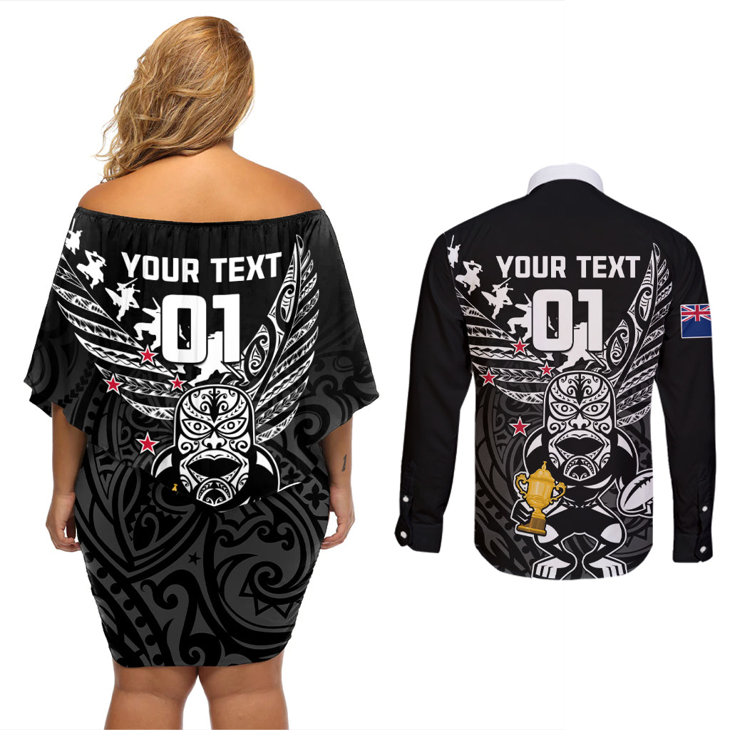 Custom New Zealand Silver Fern Rugby Couples Matching Off Shoulder Short Dress and Long Sleeve Button Shirt Aotearoa Champion 2023 World Cup LT01 - Polynesian Pride