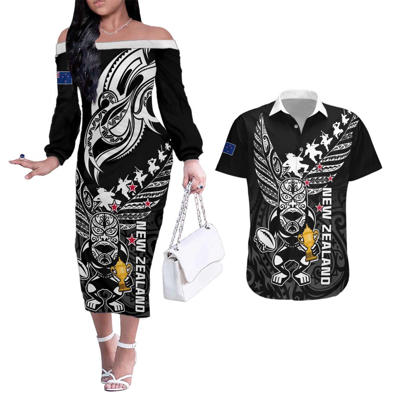 Custom New Zealand Silver Fern Rugby Couples Matching Off The Shoulder Long Sleeve Dress and Hawaiian Shirt Aotearoa Champion 2023 World Cup LT01 Black - Polynesian Pride